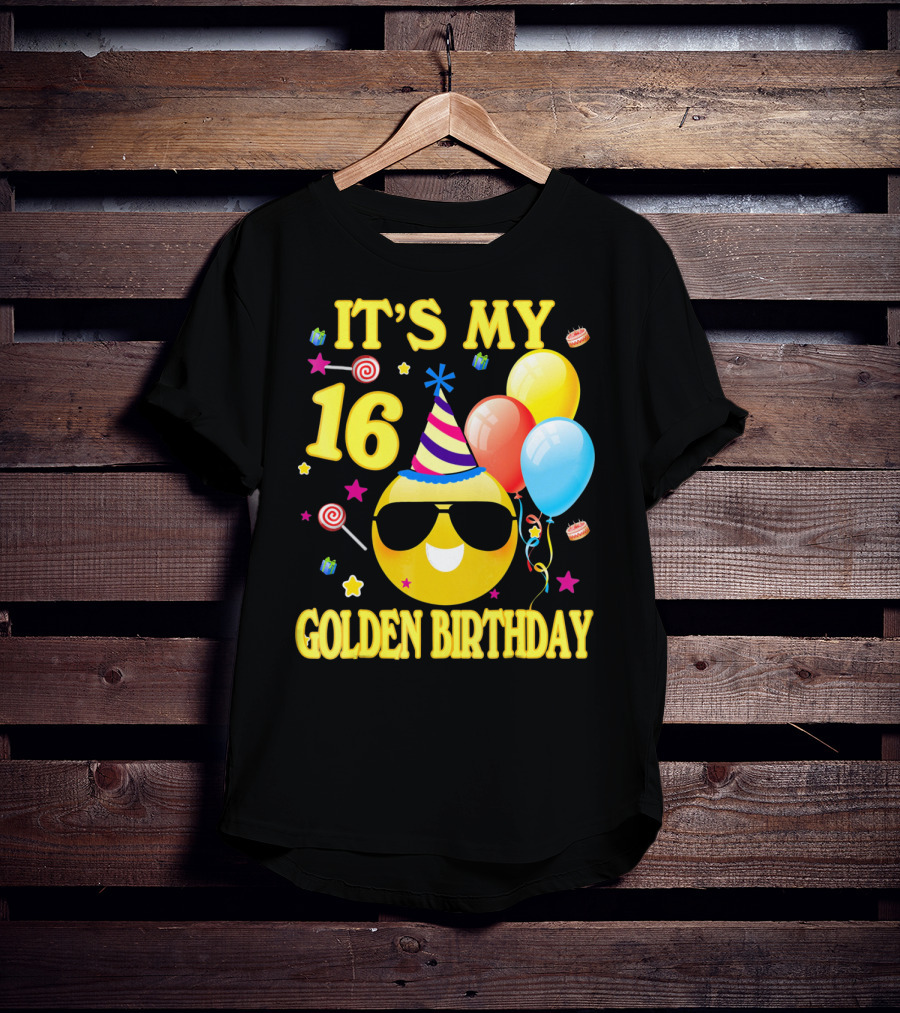 It's My 16 Golden Birthday Emoji Balloons Party Hat T-Shirt