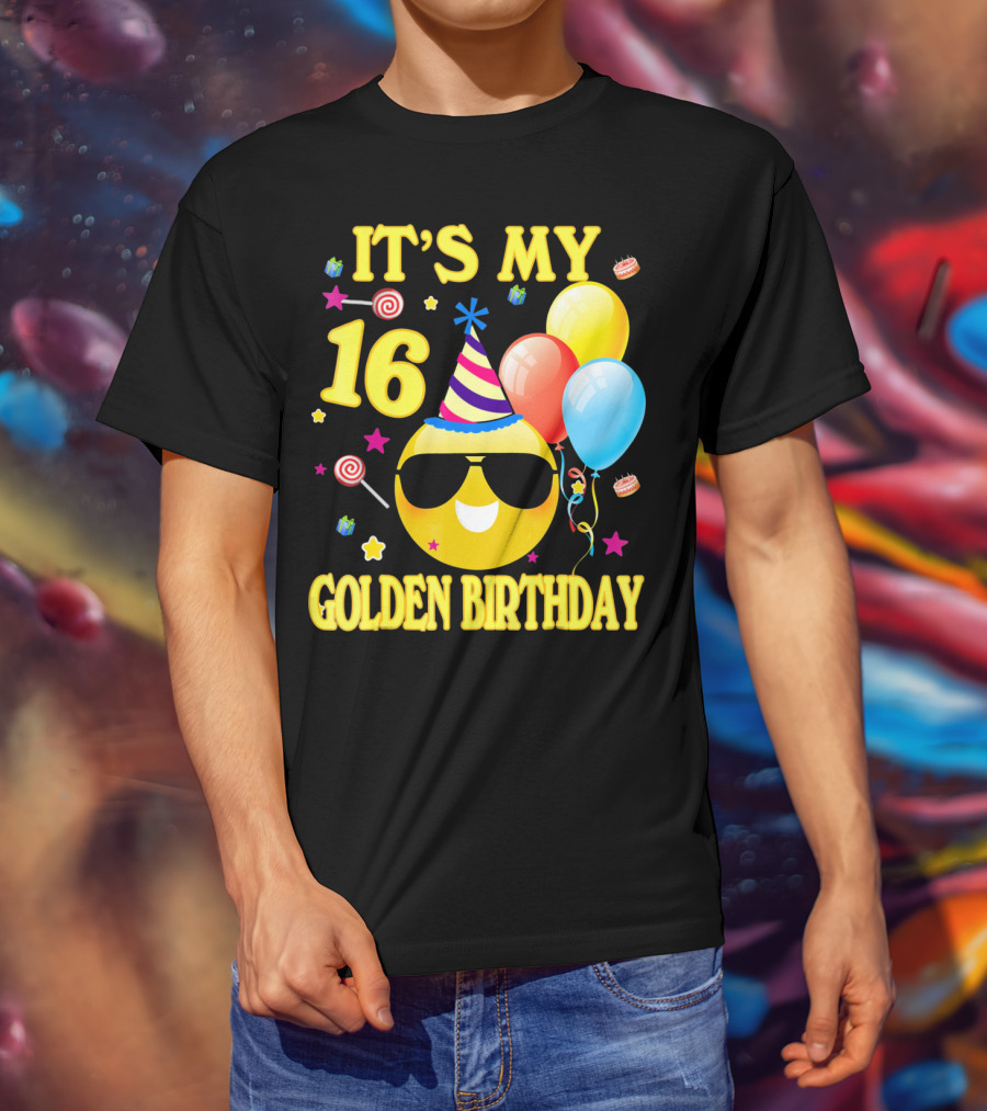 It's My 16 Golden Birthday Emoji Balloons Party Hat T-Shirt