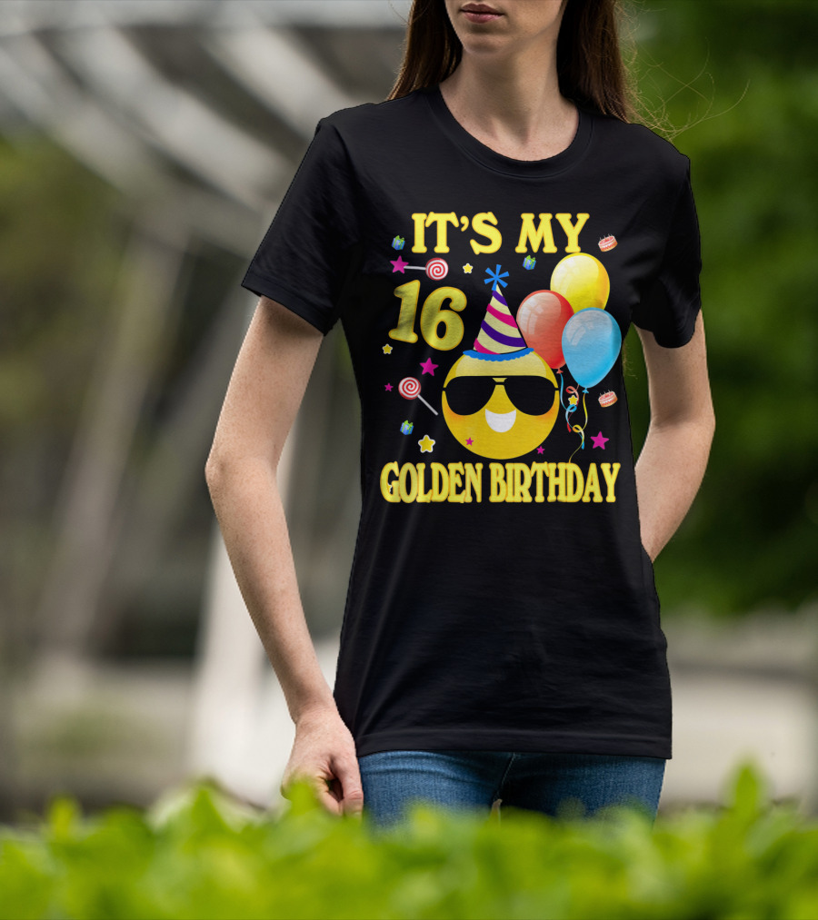 It's My 16 Golden Birthday Emoji Balloons Party Hat T-Shirt