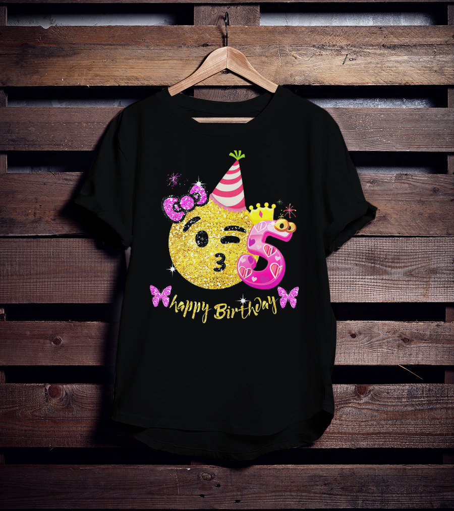 Happy Birthday Five Years Emoji Glitter T-Shirt