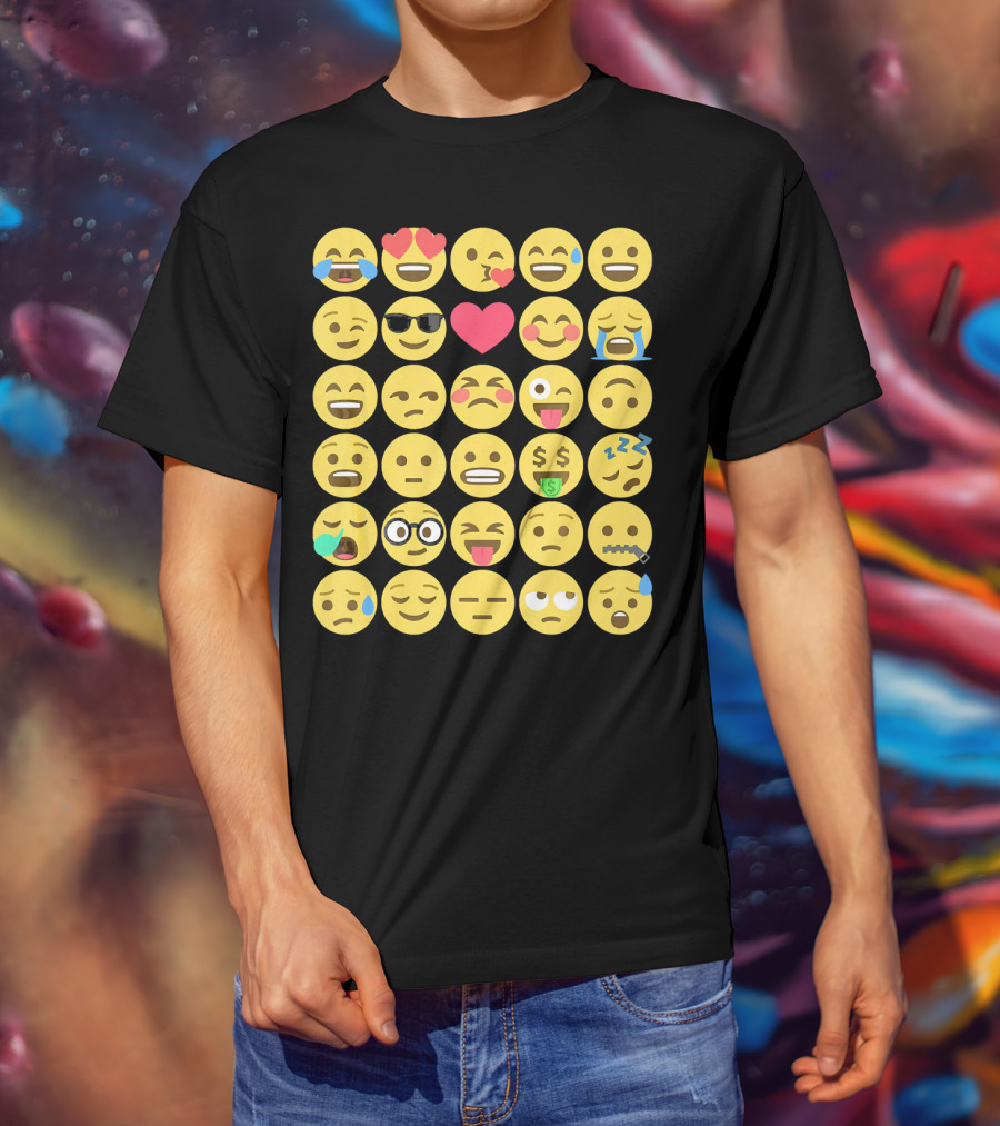 Emoji Emoticons Smiley Faces Heart Sunglasses Laughing Crying Stack T-Shirt