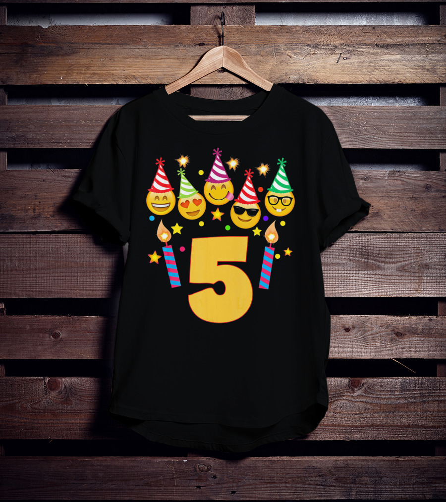Five Year Old Birthday With Party Emoji Faces And Candles T-Shirt