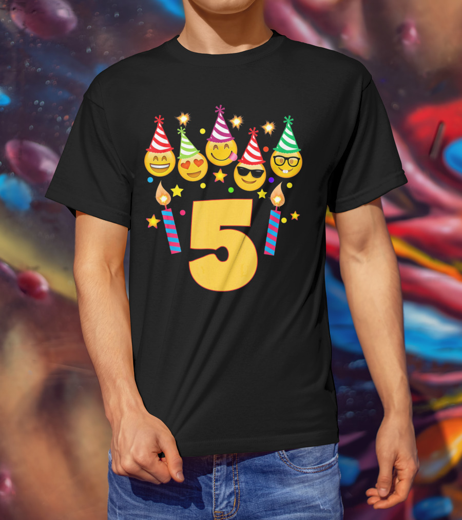 Five Year Old Birthday With Party Emoji Faces And Candles T-Shirt