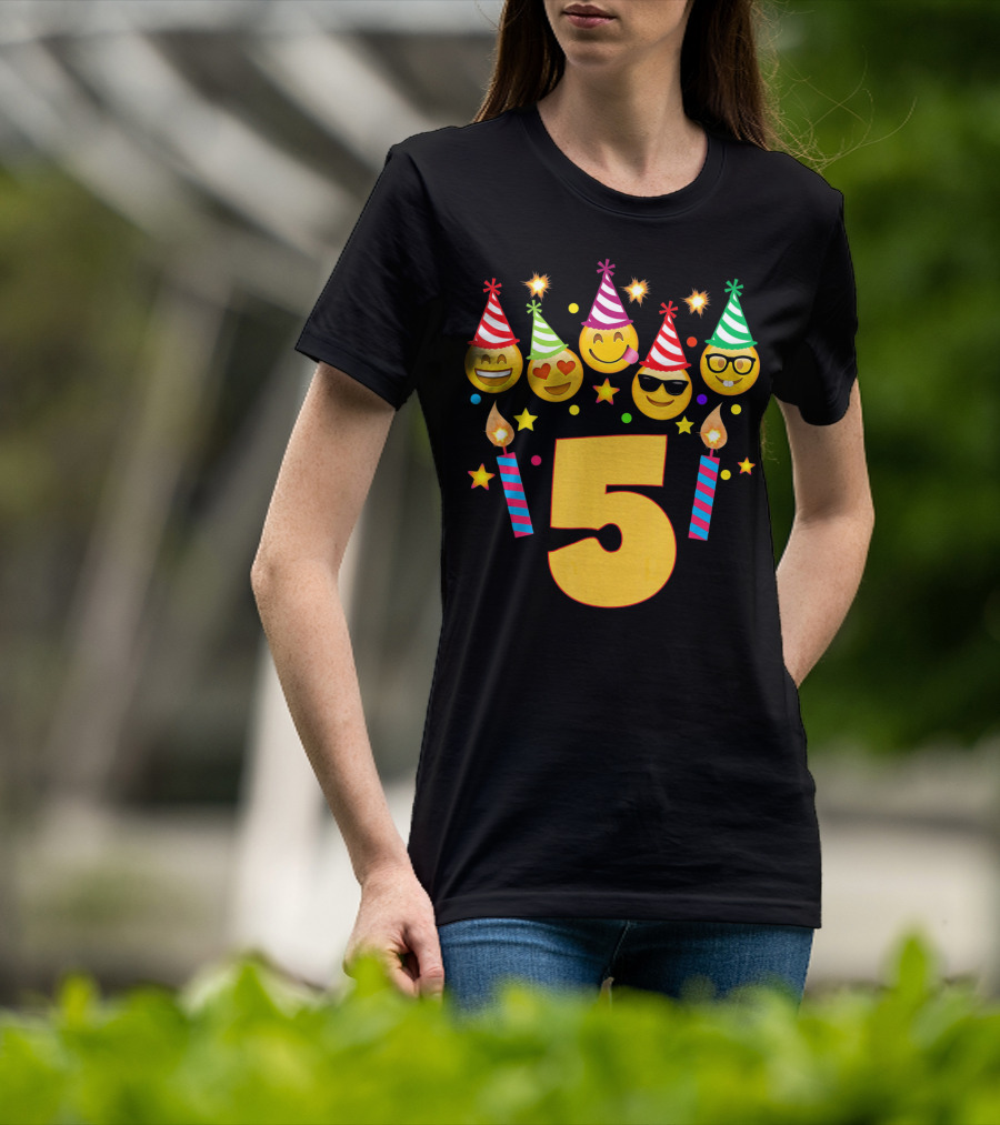 Five Year Old Birthday With Party Emoji Faces And Candles T-Shirt