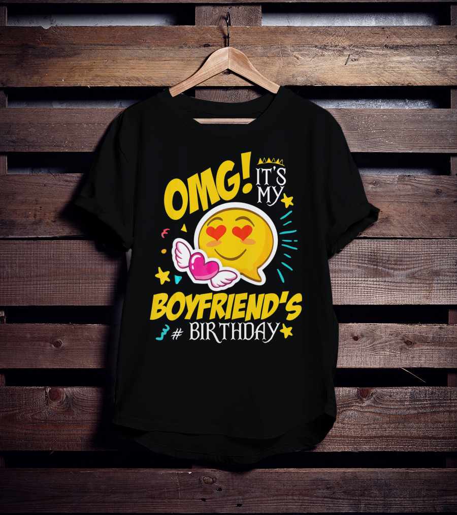 OMG It's My Boyfriend's Birthday Cool Emo Emoji Hearts Wings T-Shirt