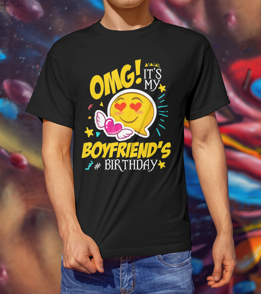 OMG It's My Boyfriend's Birthday Cool Emo Emoji Hearts Wings T-Shirt