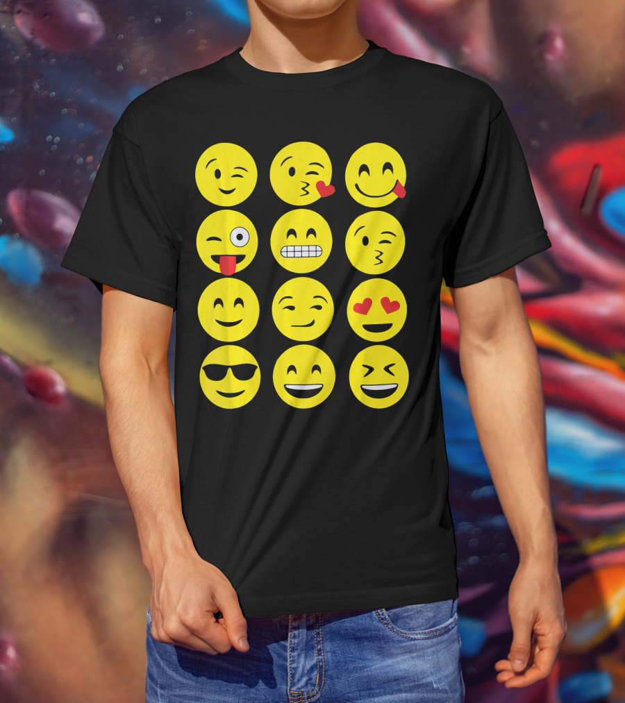 Emojis Funny Emoji Yellow Face Winking Smiling Heart Eyes Sunglasses Expression T-Shirt