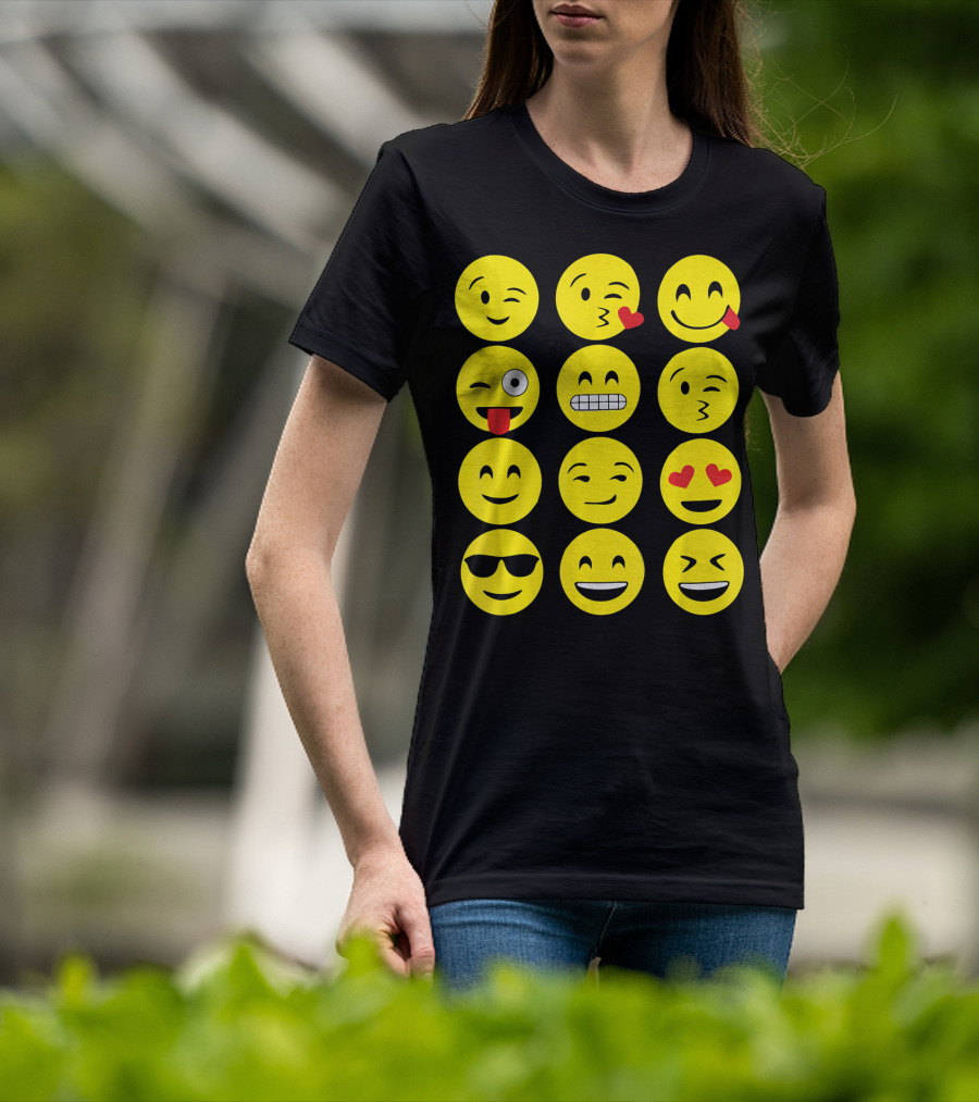 Emojis Funny Emoji Yellow Face Winking Smiling Heart Eyes Sunglasses Expression T-Shirt