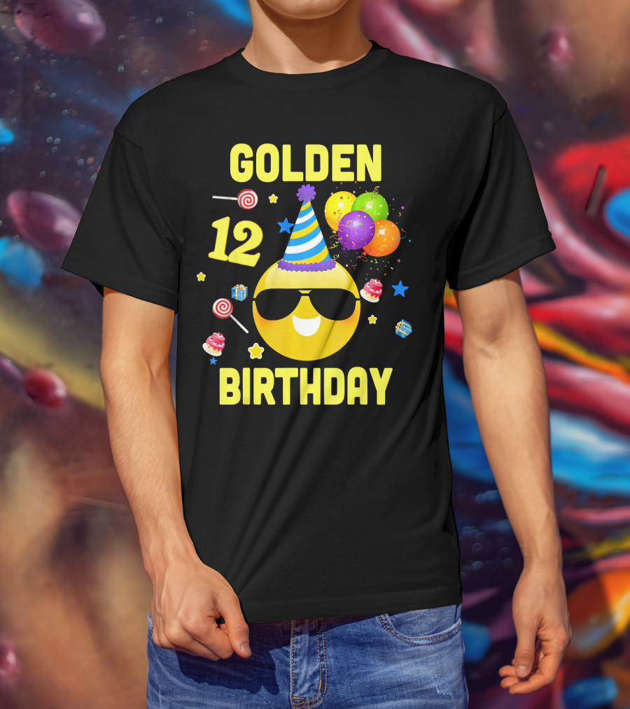 Golden Birthday 12 Emoji Party Hat Sunglasses Balloons Confetti T-Shirt