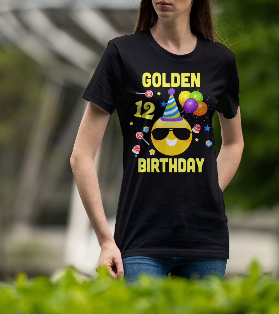 Golden Birthday 12 Emoji Party Hat Sunglasses Balloons Confetti T-Shirt