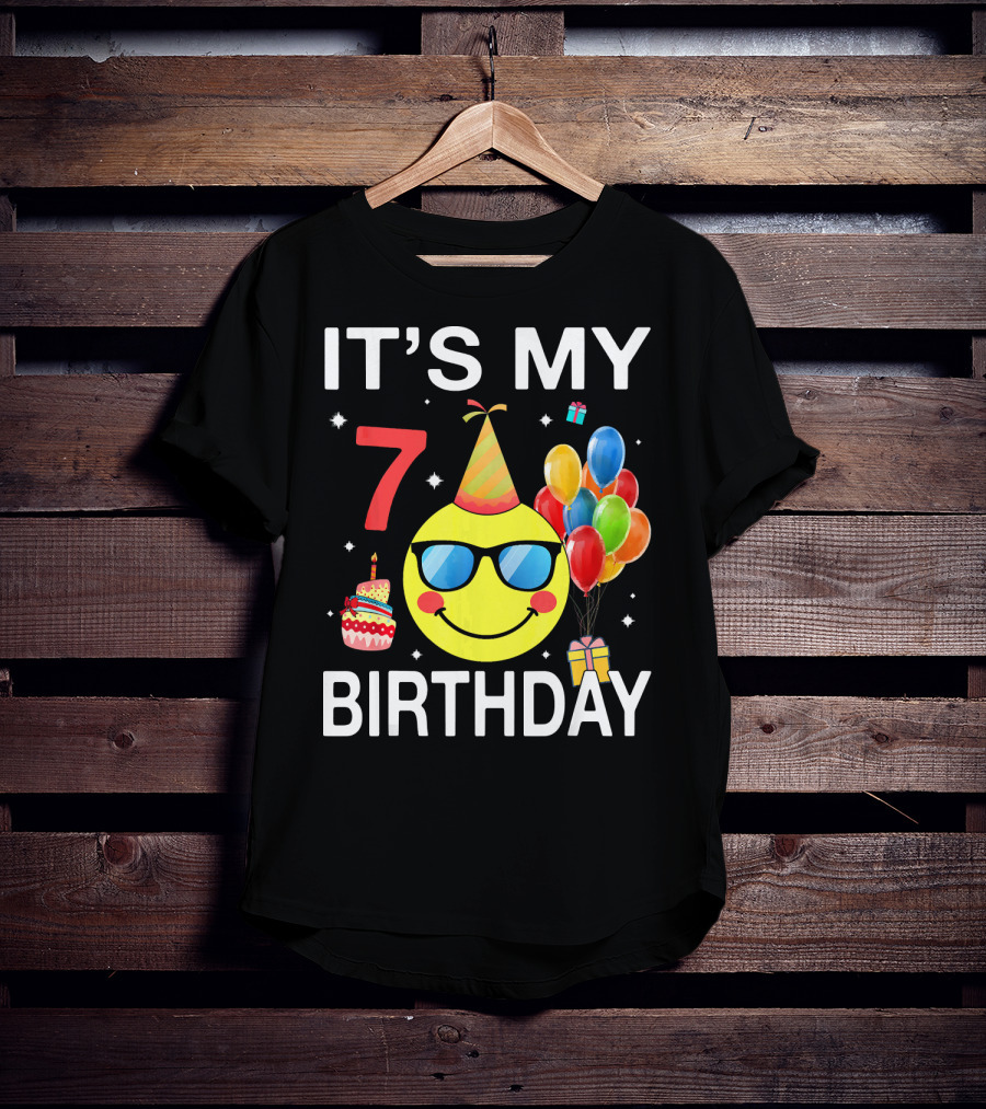 IT'S MY 7 BIRTHDAY Emoji Party Hat Sunglasses Balloons Cake T-Shirt