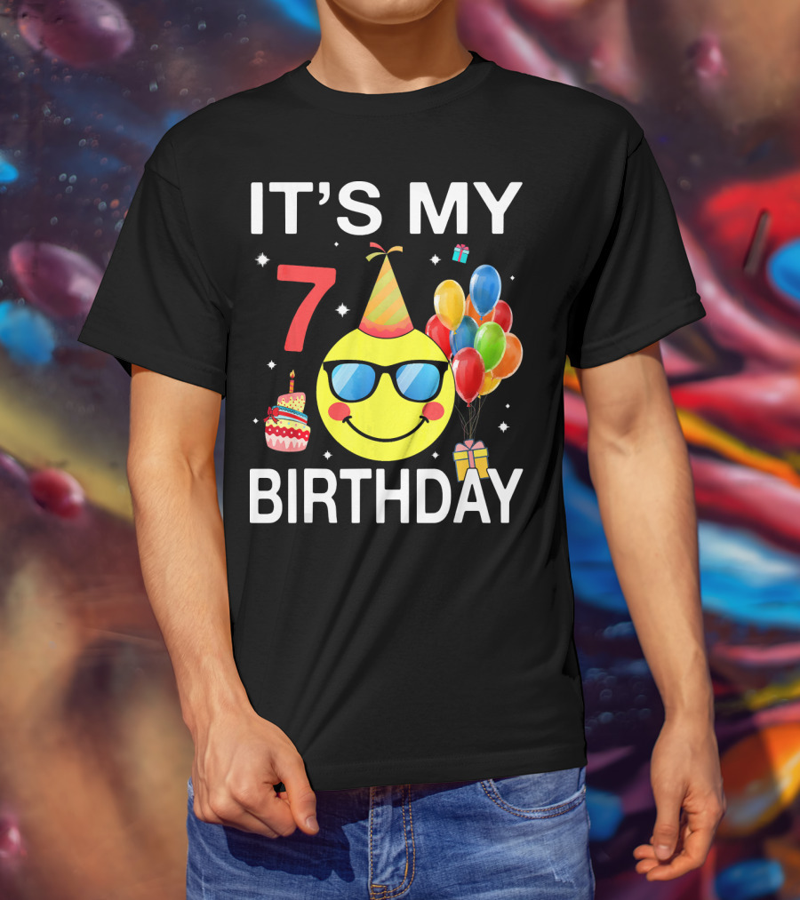 IT'S MY 7 BIRTHDAY Emoji Party Hat Sunglasses Balloons Cake T-Shirt