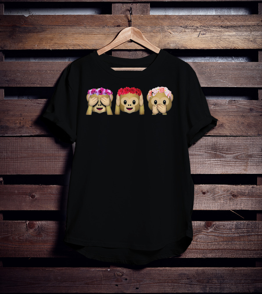 Three Emoji Monkey Flower Crown Hear Speak See T-Shirt
