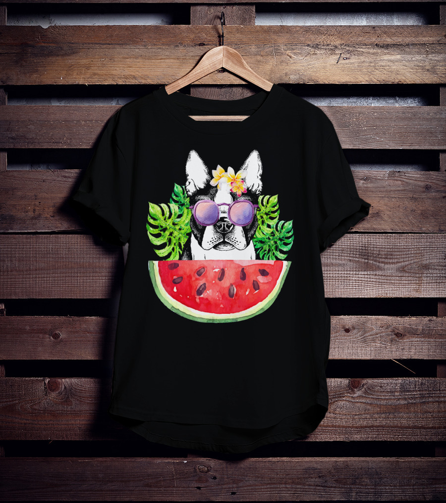 Funny Boston Terrier Love Summer Watermelon Sunglasses Tropical Vibes T-Shirt