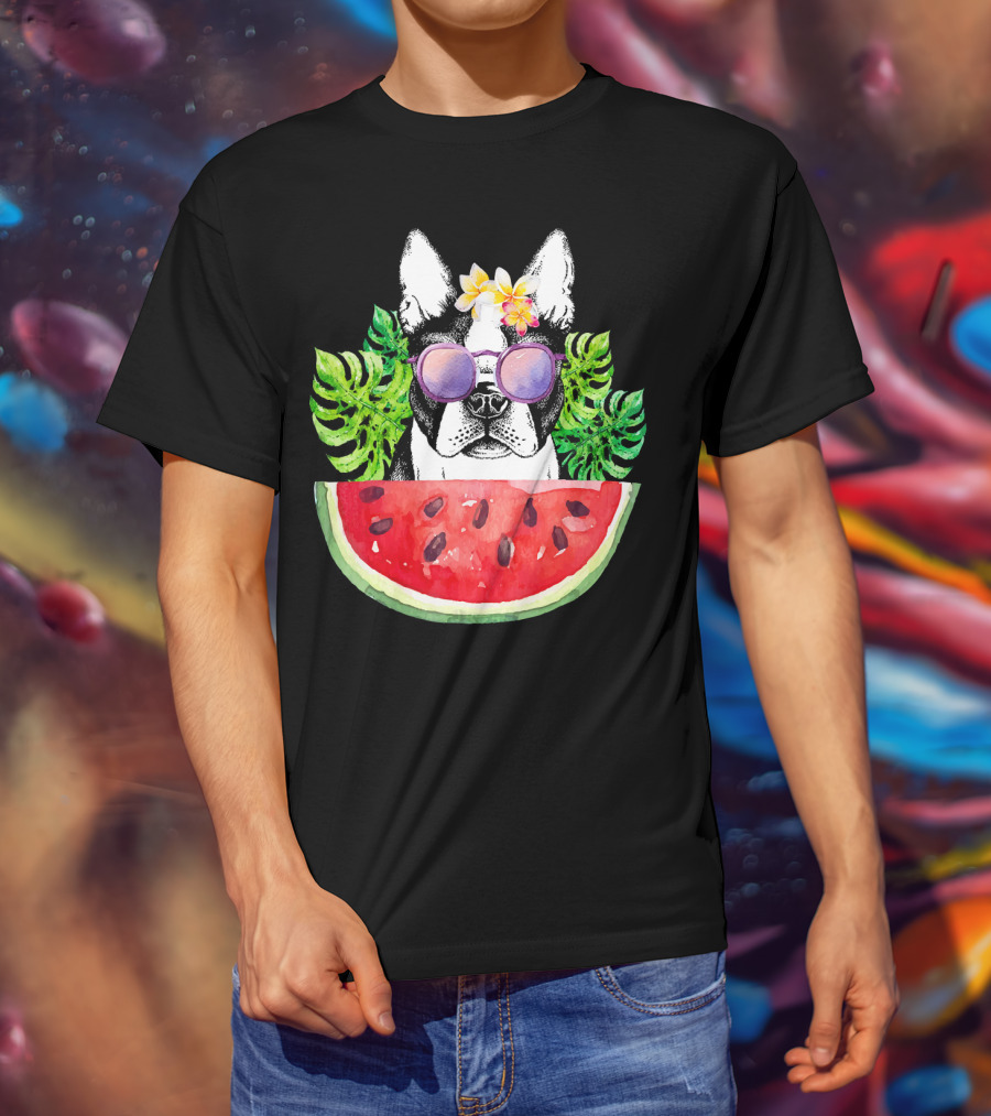 Funny Boston Terrier Love Summer Watermelon Sunglasses Tropical Vibes T-Shirt
