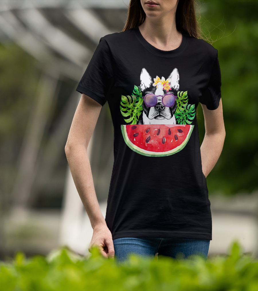 Funny Boston Terrier Love Summer Watermelon Sunglasses Tropical Vibes T-Shirt