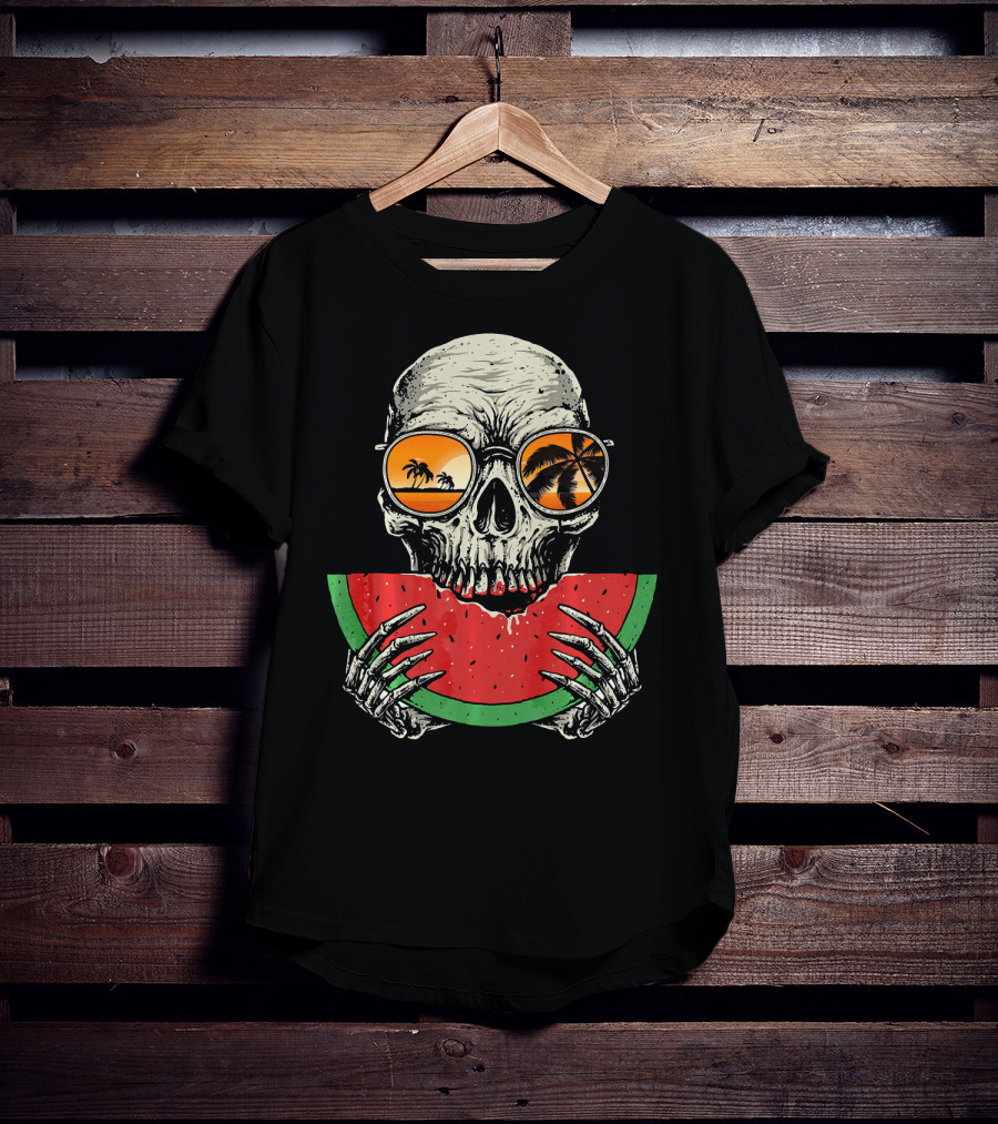 Watermelon Skull Wearing Summer Glasses With Beach Reflections T-Shirt