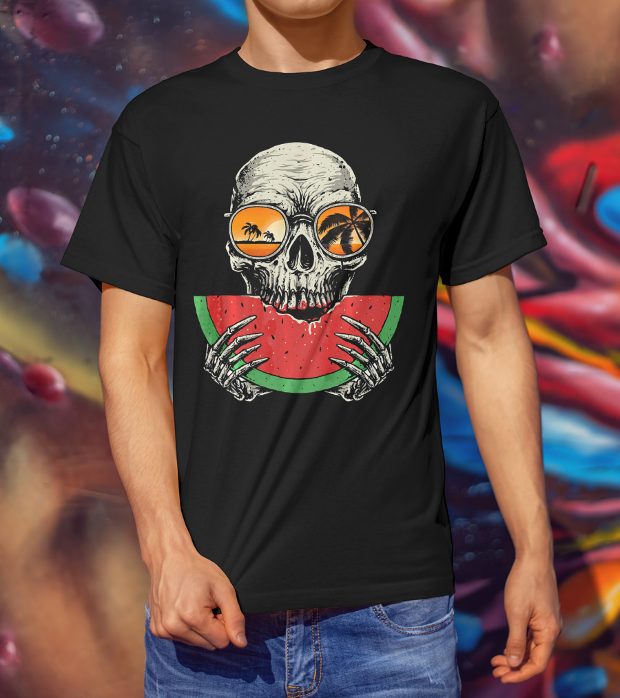 Watermelon Skull Wearing Summer Glasses With Beach Reflections T-Shirt