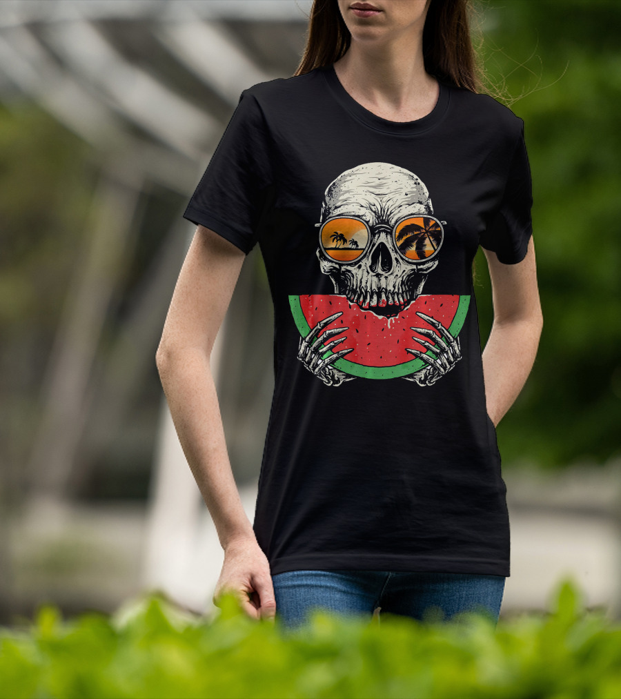 Watermelon Skull Wearing Summer Glasses With Beach Reflections T-Shirt
