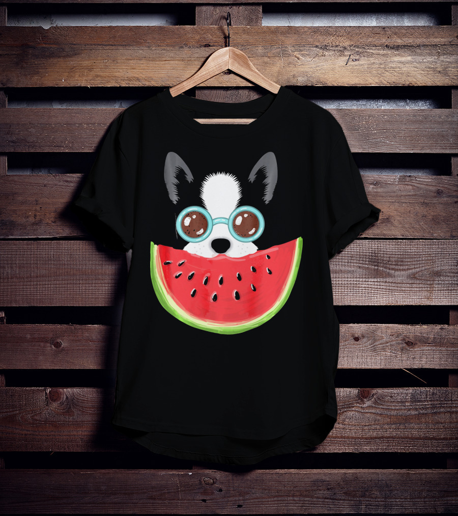 Watermelon Love Funny Boston Terrier With Sunglasses T-Shirt