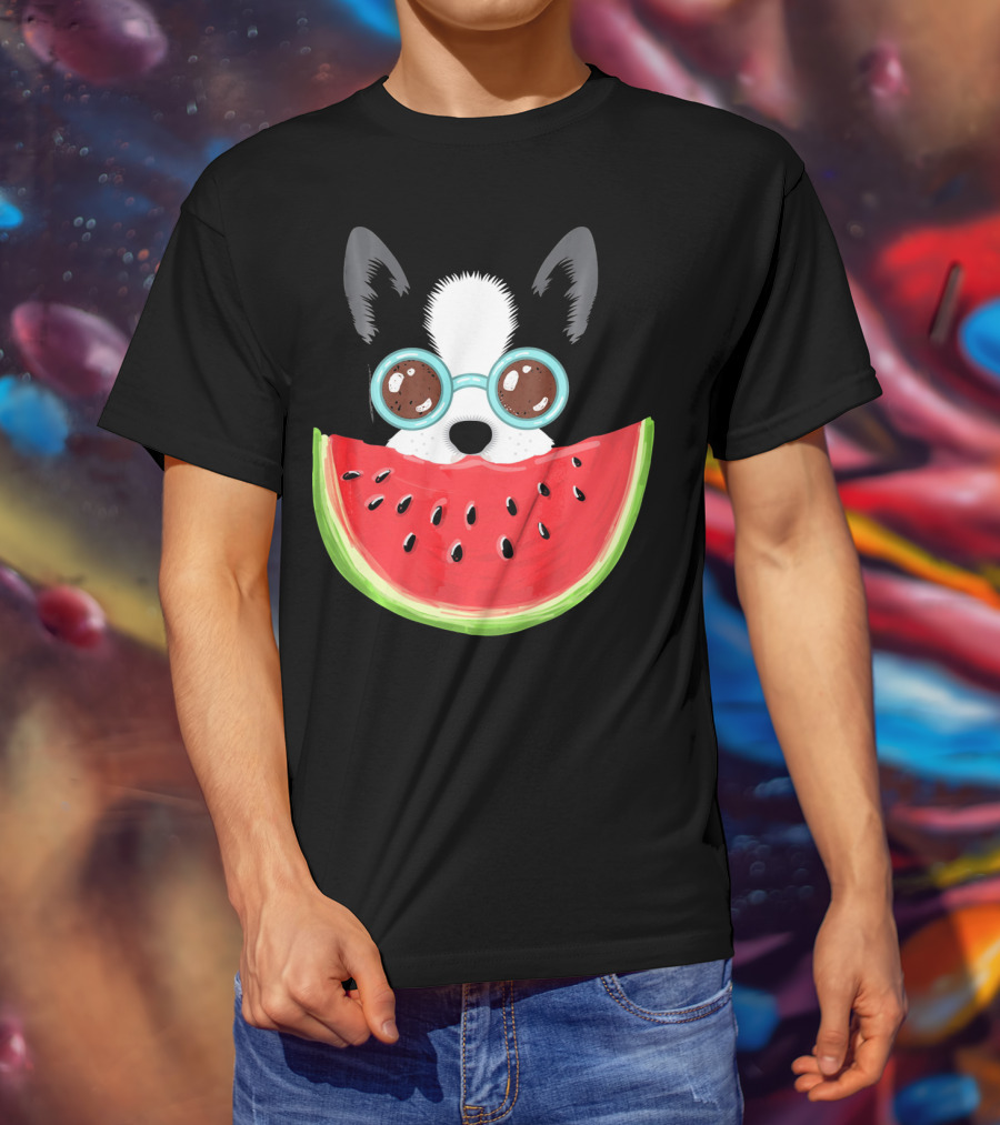 Watermelon Love Funny Boston Terrier With Sunglasses T-Shirt