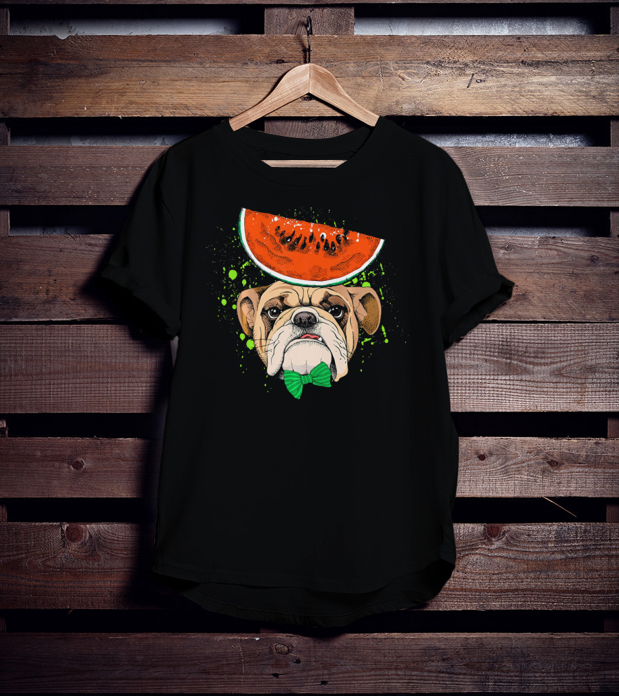 Bulldog Wearing Watermelon Hat With Green Bow Tie T-Shirt
