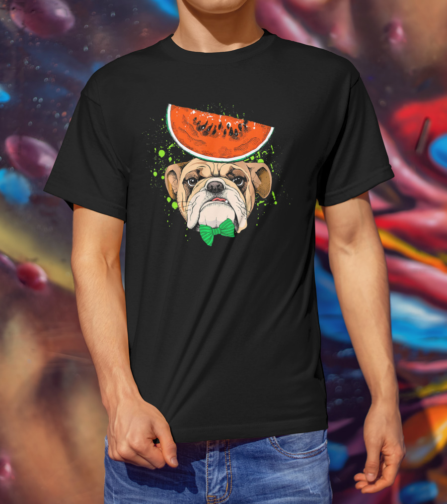 Bulldog Wearing Watermelon Hat With Green Bow Tie T-Shirt