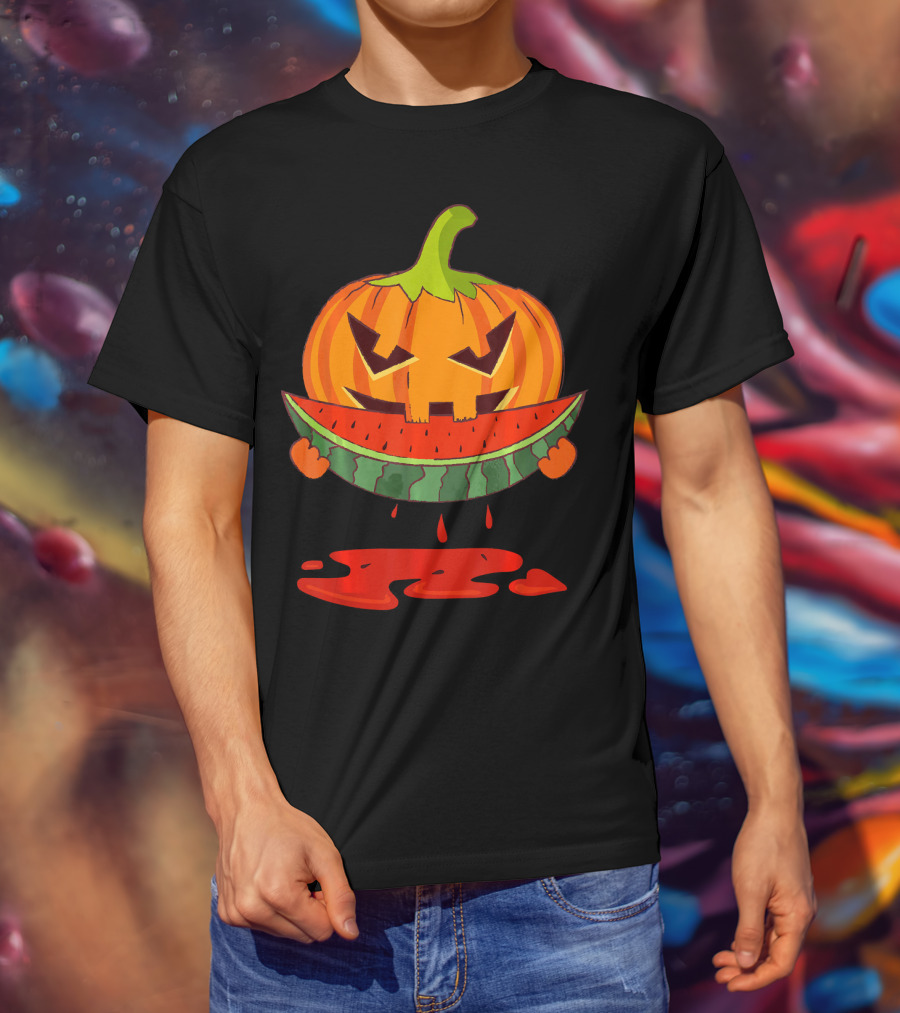 Creepy Pumpkin Devours Juicy Watermelon In Spooky T-Shirt