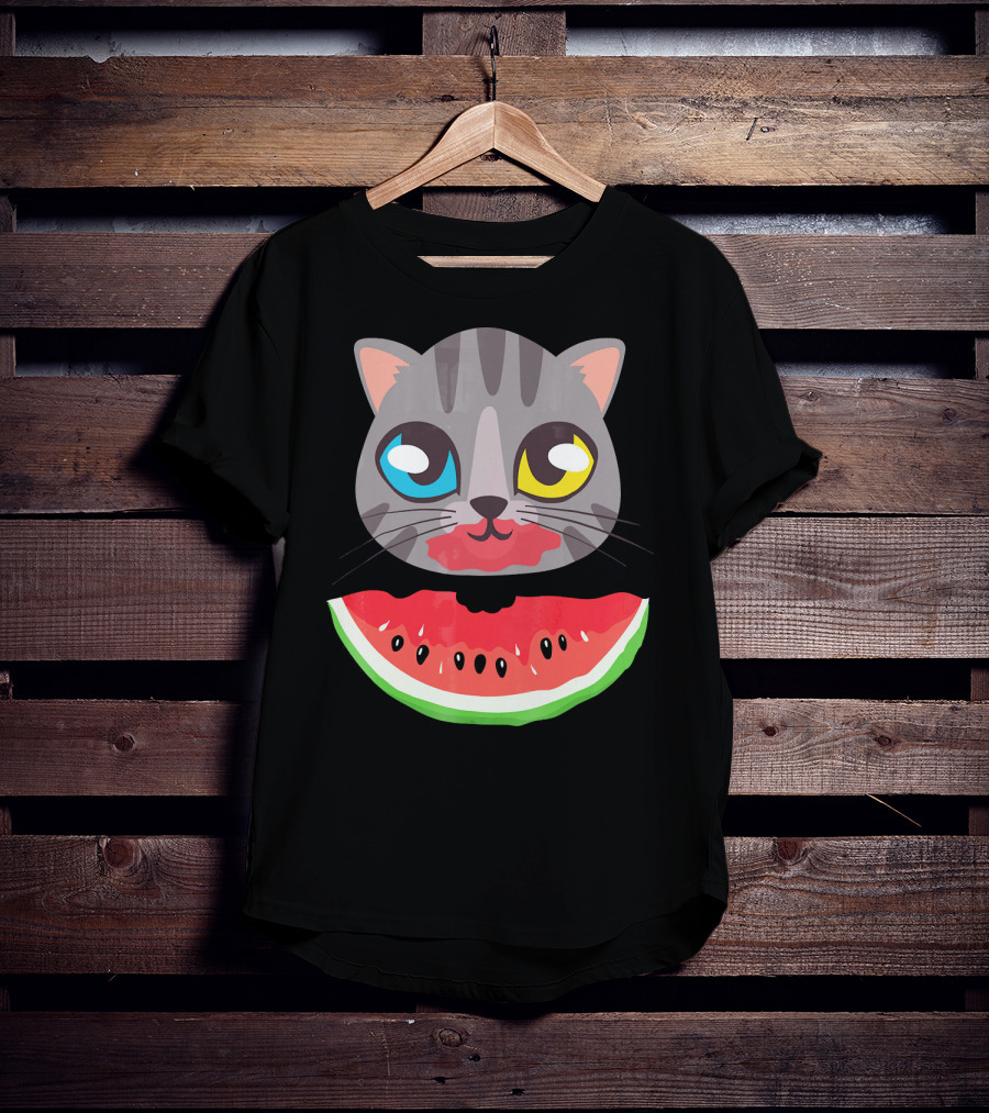 Watermelon Cat Funny Cat With Dual-Colored Eyes And Watermelon Slice T-Shirt