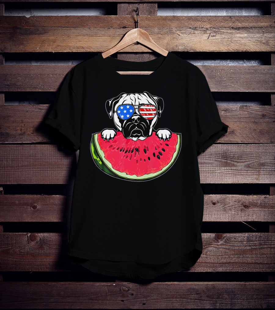 Funny Watermelon Day Pug American Flag Glasses T-Shirt