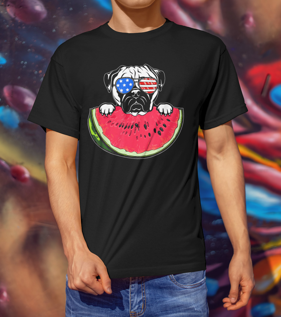 Funny Watermelon Day Pug American Flag Glasses T-Shirt