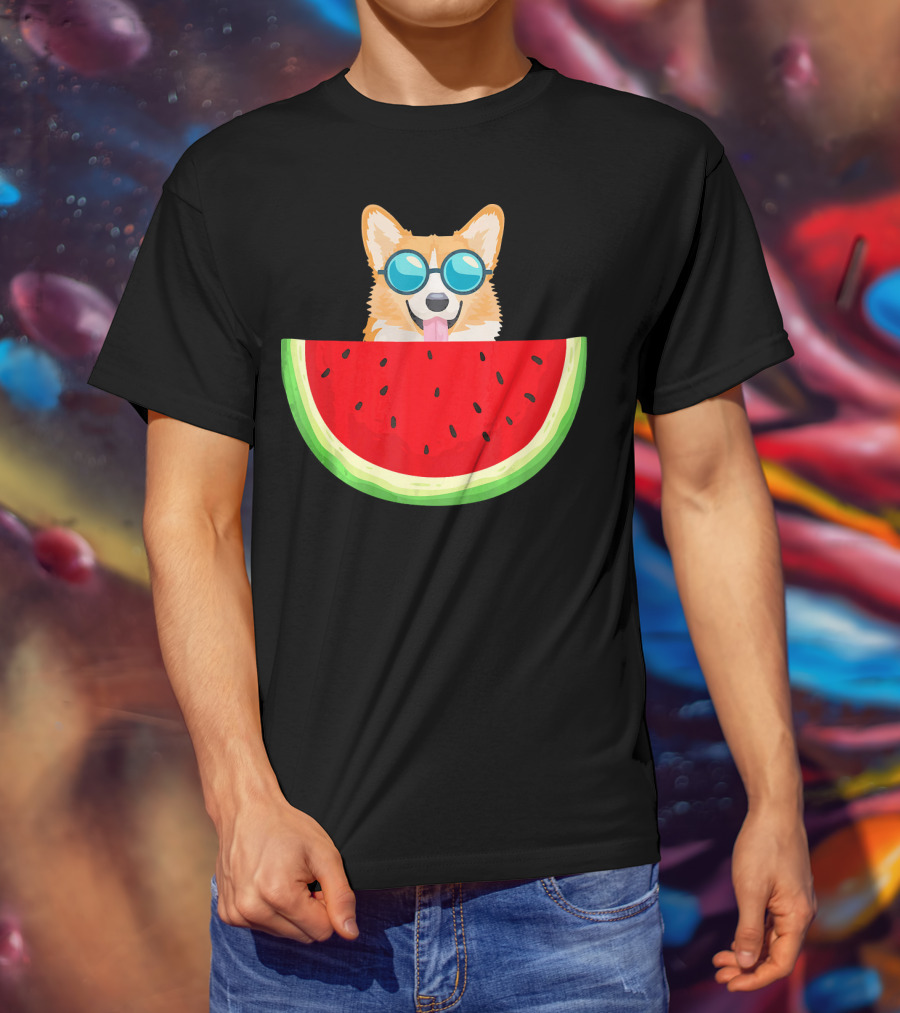 Corgi With Sunglasses And Watermelon Slice Womens T-Shirt