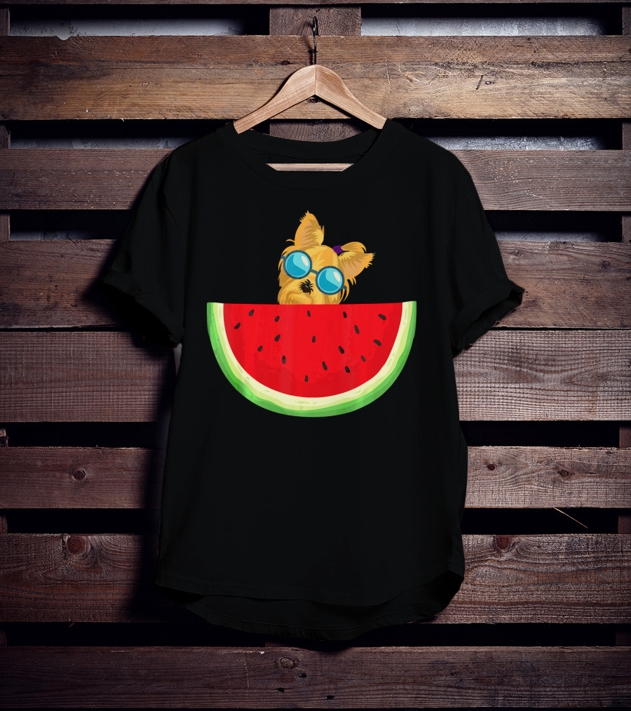 Yorkie Dog With Sunglasses And Watermelon Slice T-Shirt