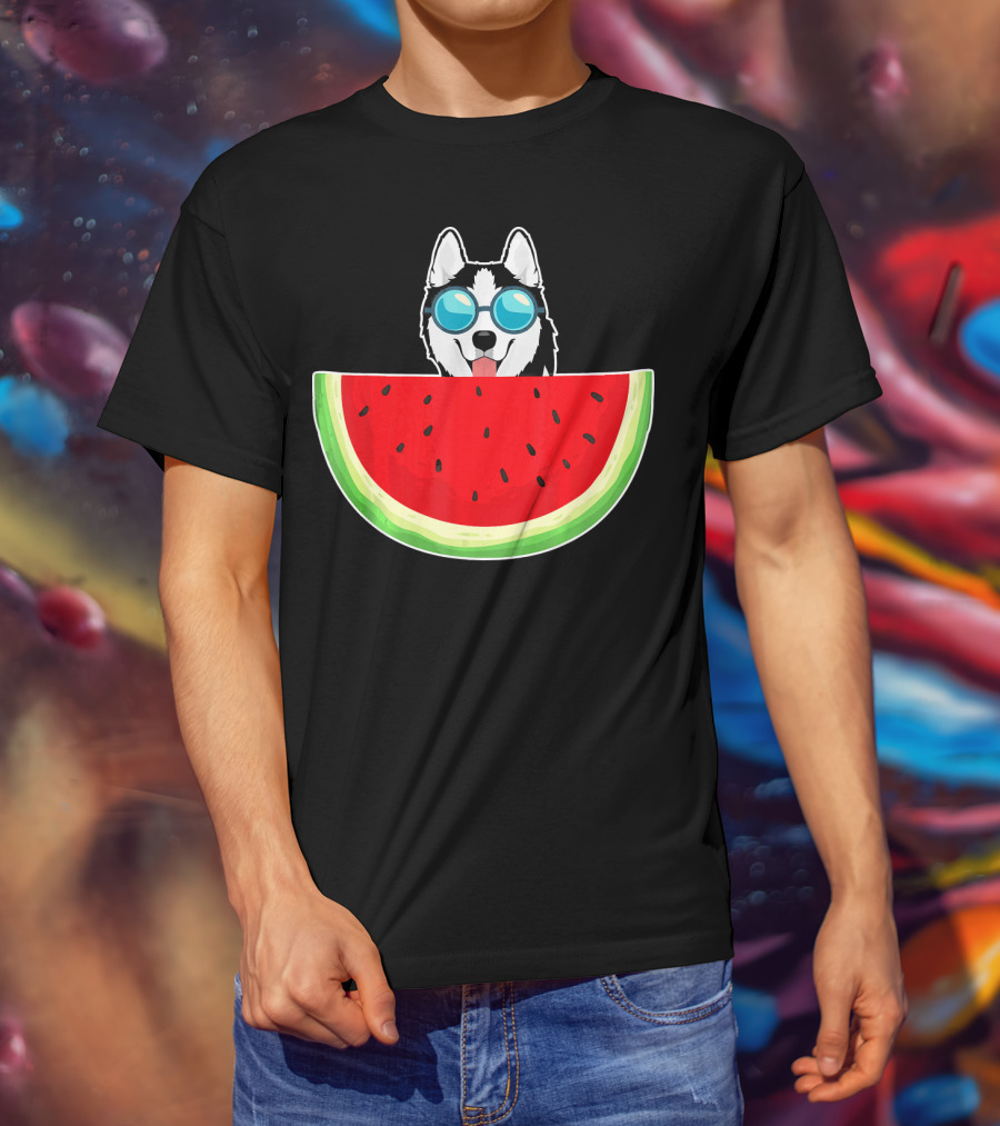 Husky Behind Watermelon With Sunglasses For Women T-Shirt
