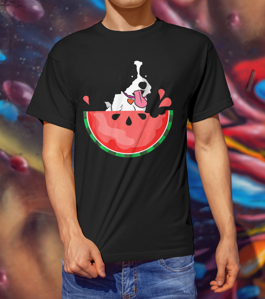 Shih Tzu Sitting In Watermelon Slice With Heart Collar Summer Fun T-Shirt