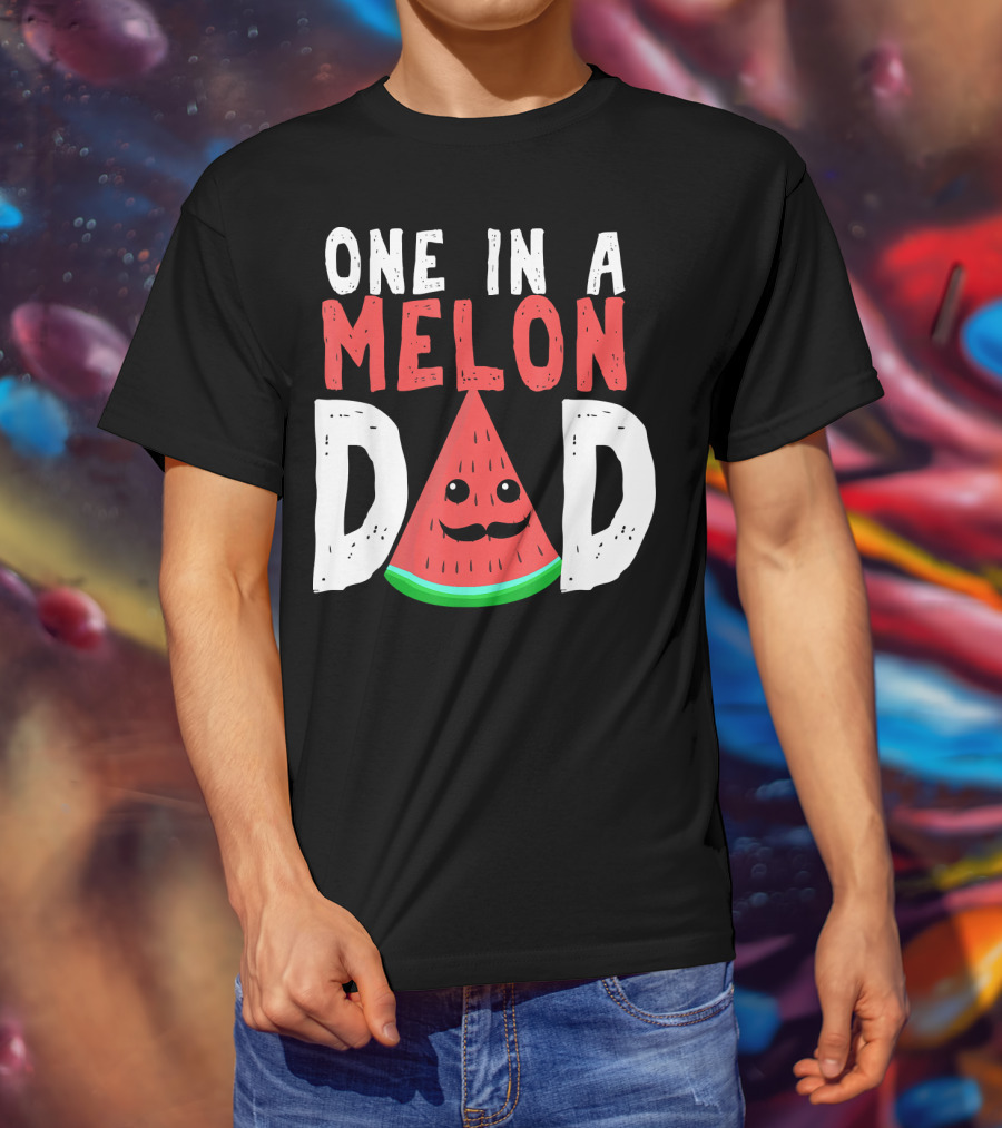 One In A Melon Dad Funny Watermelon Mustache Smiling Block Letters T-Shirt