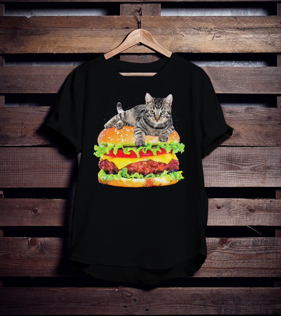 Funny Space Cat On Giant Hamburger T-Shirt