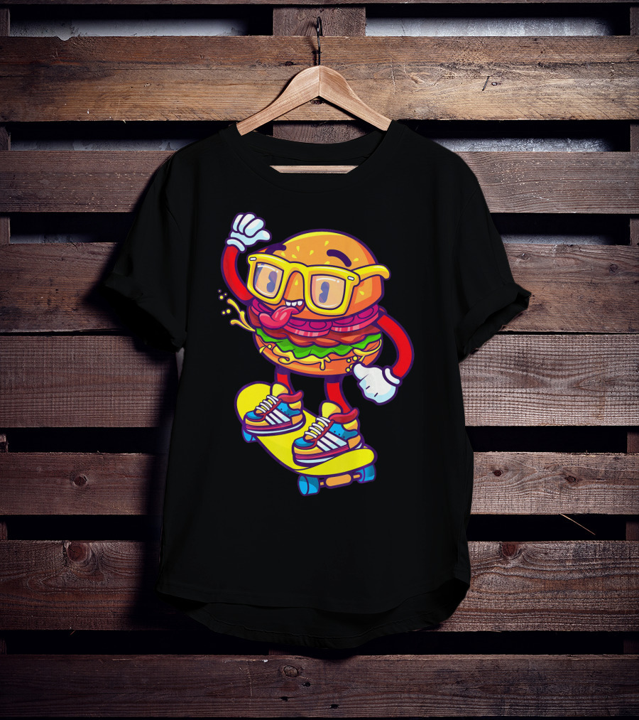 Skateboarding Cheeseburger Cartoon With Glasses And Sneakers T-Shirt