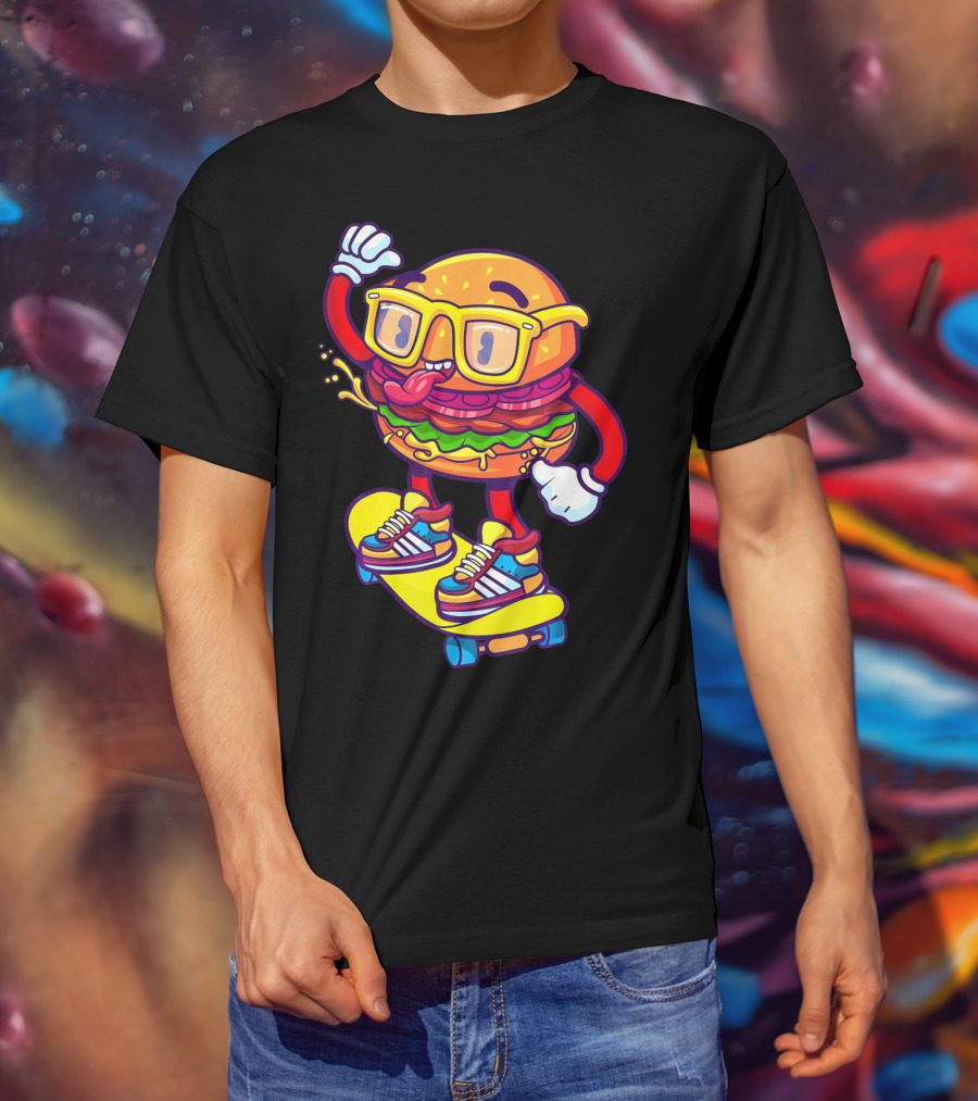 Skateboarding Cheeseburger Cartoon With Glasses And Sneakers T-Shirt