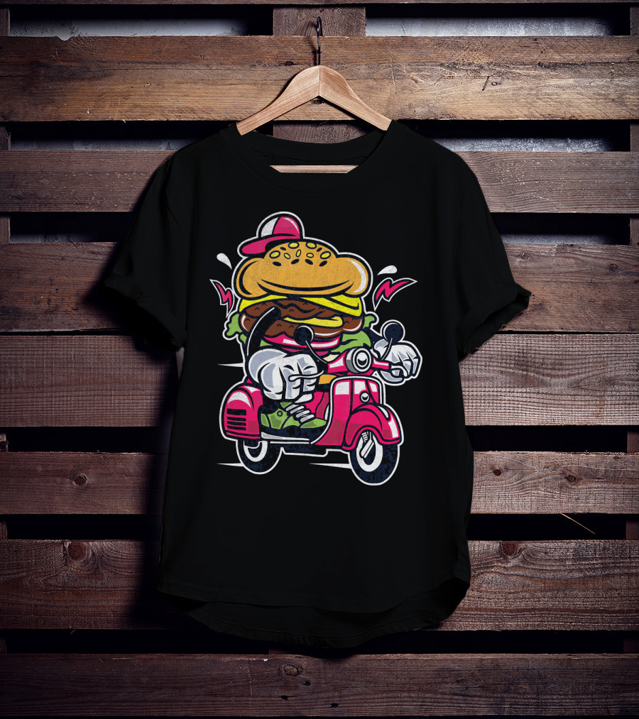 Vintage Scooter Burger Cartoon Rider T-Shirt