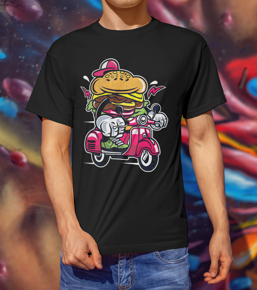 Vintage Scooter Burger Cartoon Rider T-Shirt