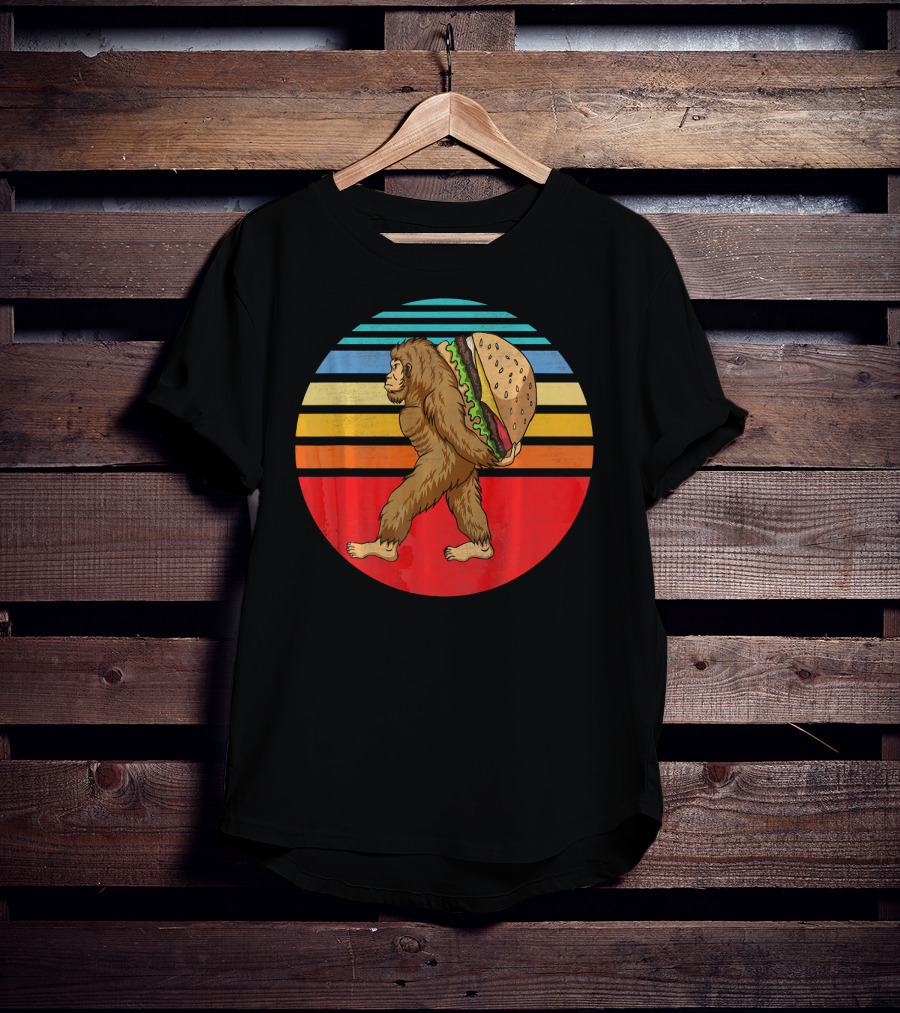 Vintage Bigfoot Carrying Hamburger Retro Stripes T-Shirt