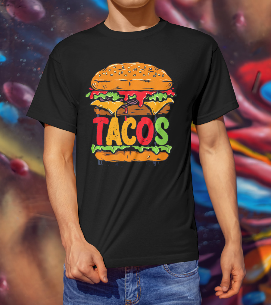 Tacurger Burger Mexican Tortilla Tacos Bold Colorful Lettuce Cheese Combo T-Shirt