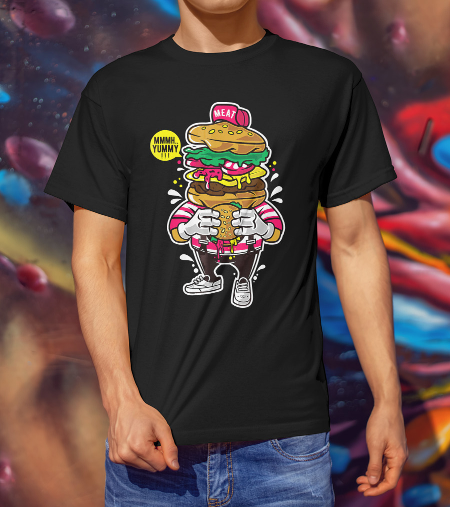 MMMH Yummy Funny Cute Unique Meat Grafitti Hamburger T-Shirt