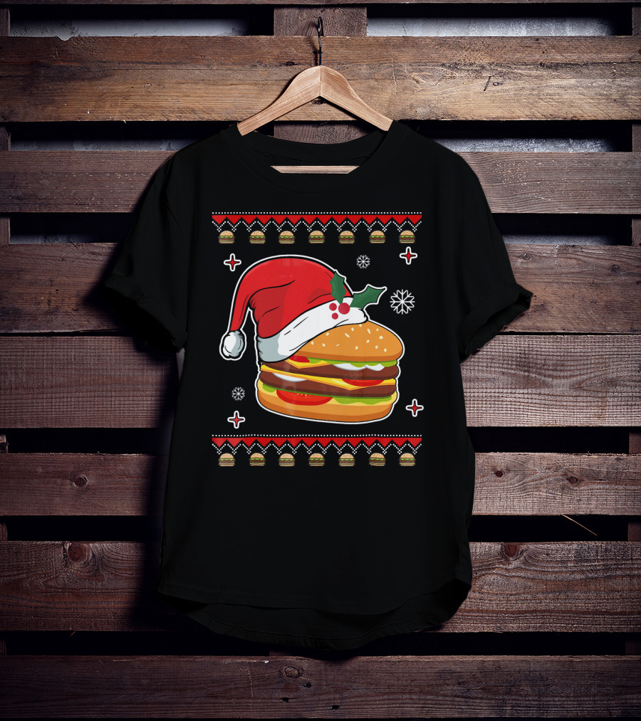 Santa Hat Hamburger Christmas Ugly T-Shirt