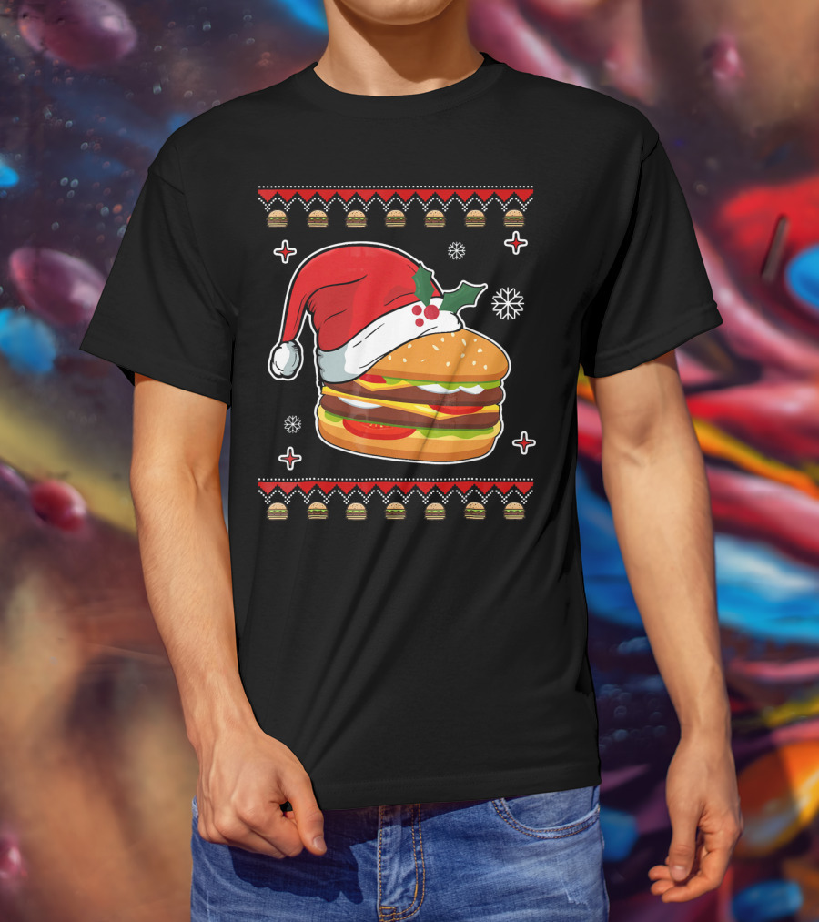 Santa Hat Hamburger Christmas Ugly T-Shirt