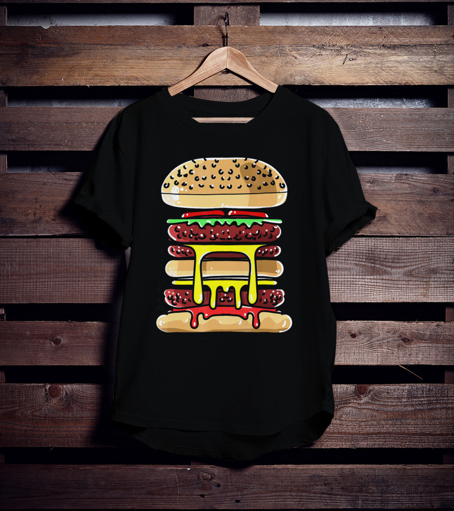 Hamburger Cheeseburger Layered Dripping Fast Food Comic T-Shirt