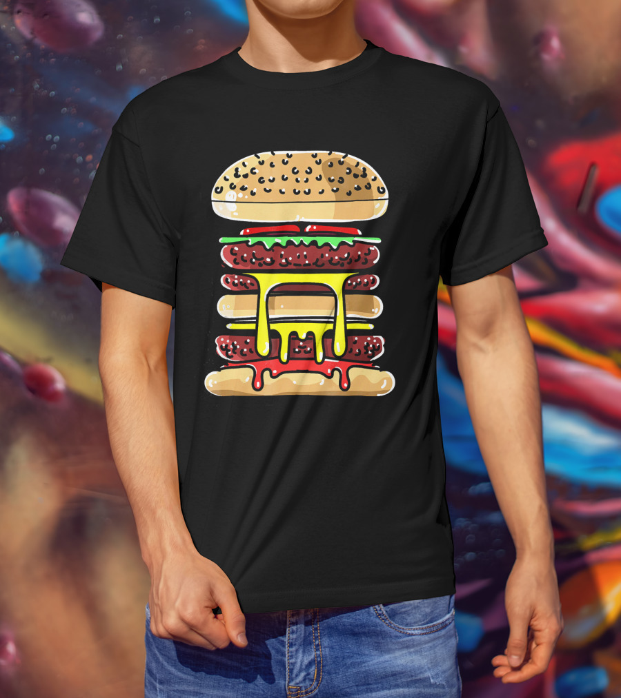 Hamburger Cheeseburger Layered Dripping Fast Food Comic T-Shirt