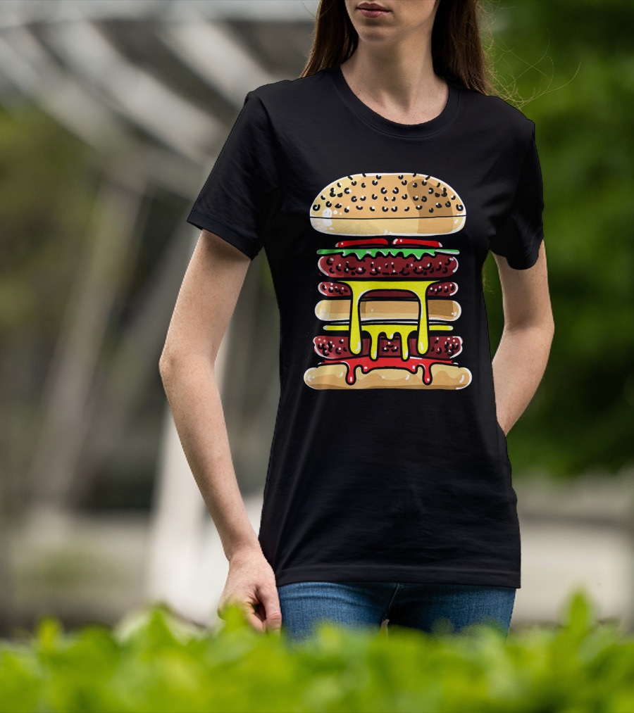 Hamburger Cheeseburger Layered Dripping Fast Food Comic T-Shirt