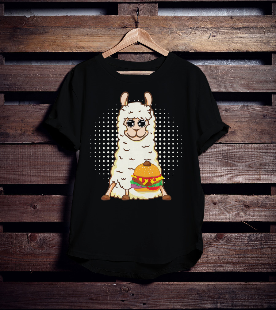 Llama Surprise Funny Sitting With Giant Burger T-Shirt